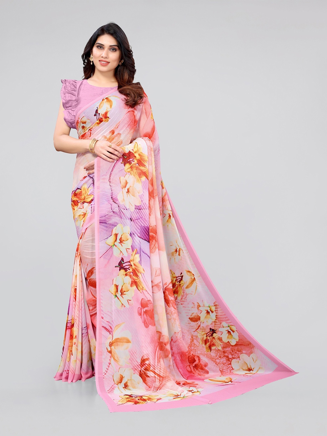 

MIRCHI FASHION Pink & Orange Floral Printed Bagh Saree