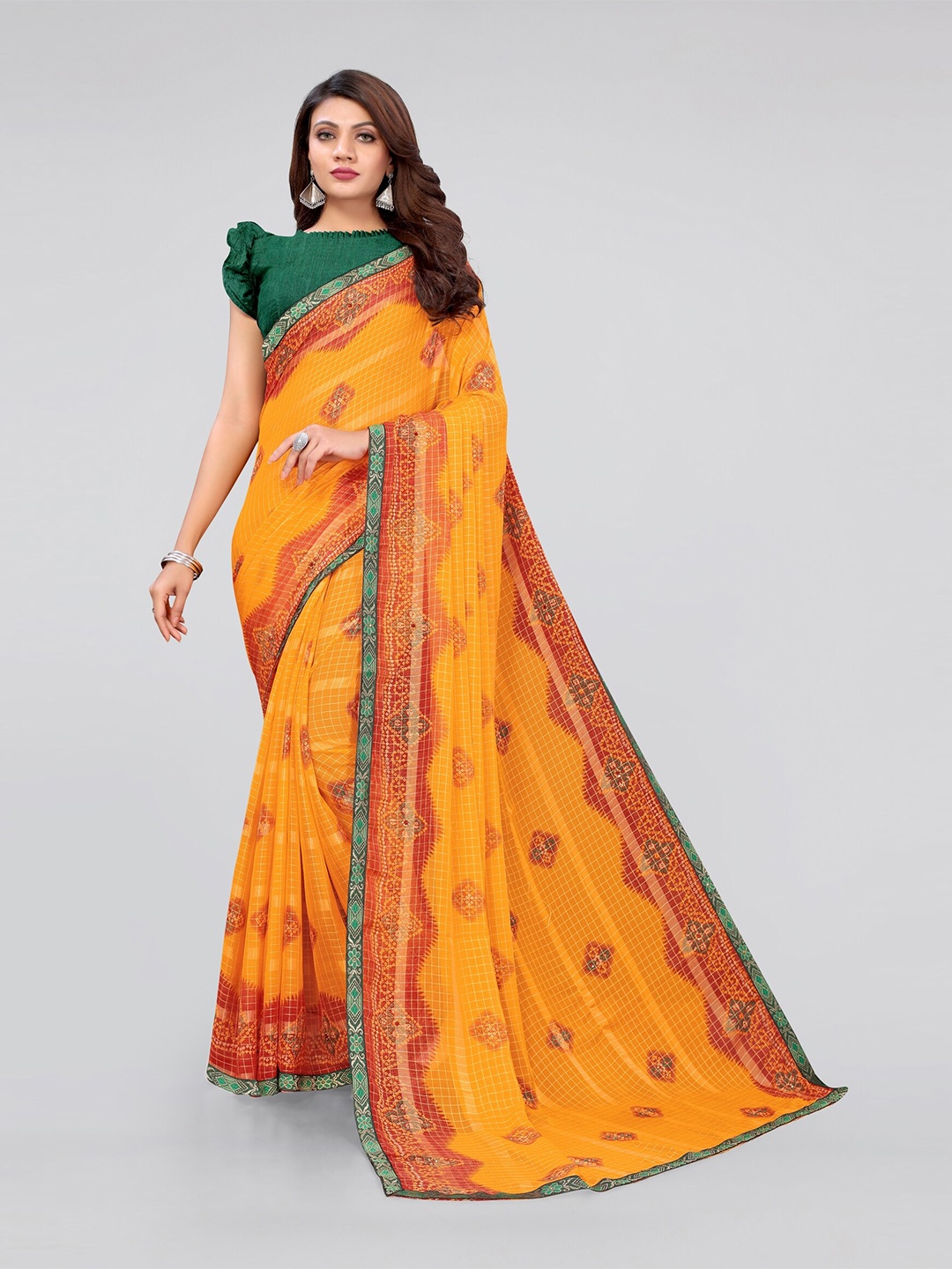 

MIRCHI FASHION Mustard & Red Checked Beads and Stones Bandhani Saree