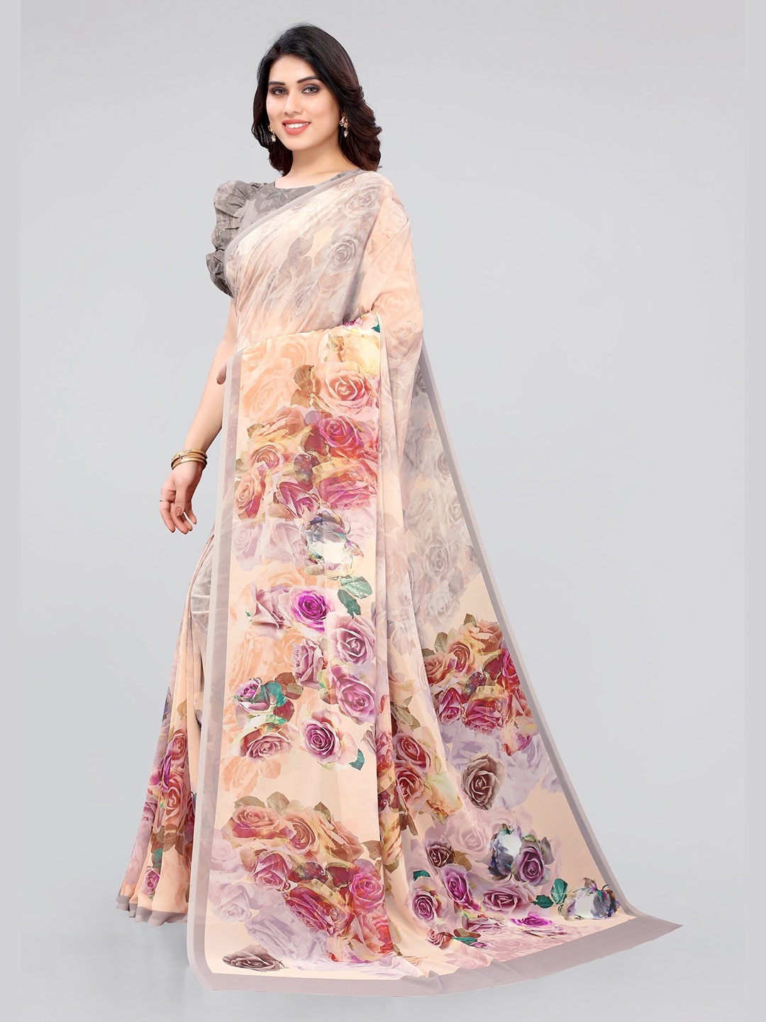

MIRCHI FASHION Cream-Coloured & Maroon Floral Bagh Saree