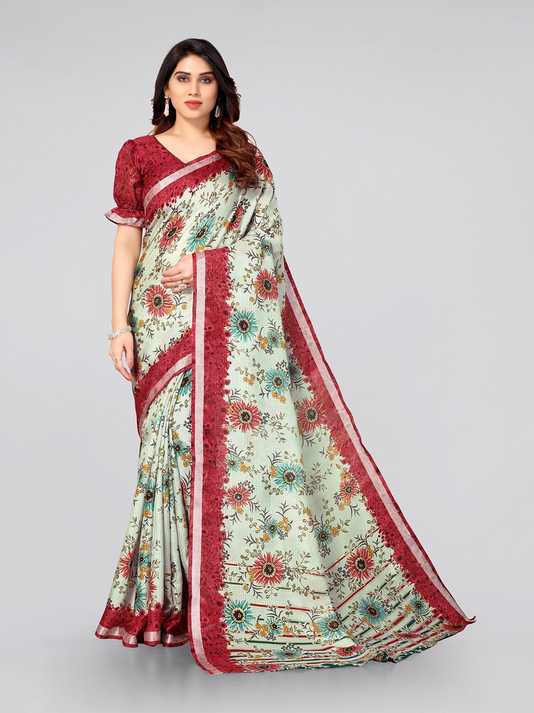 

KALINI Green & Red Floral Printed Zari Bagh Saree
