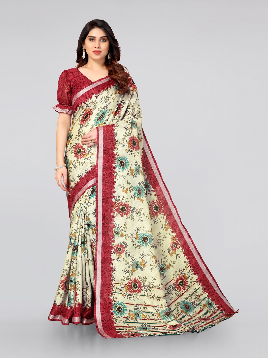 

KALINI Cream-Coloured & Red Floral Zari Bagh Saree