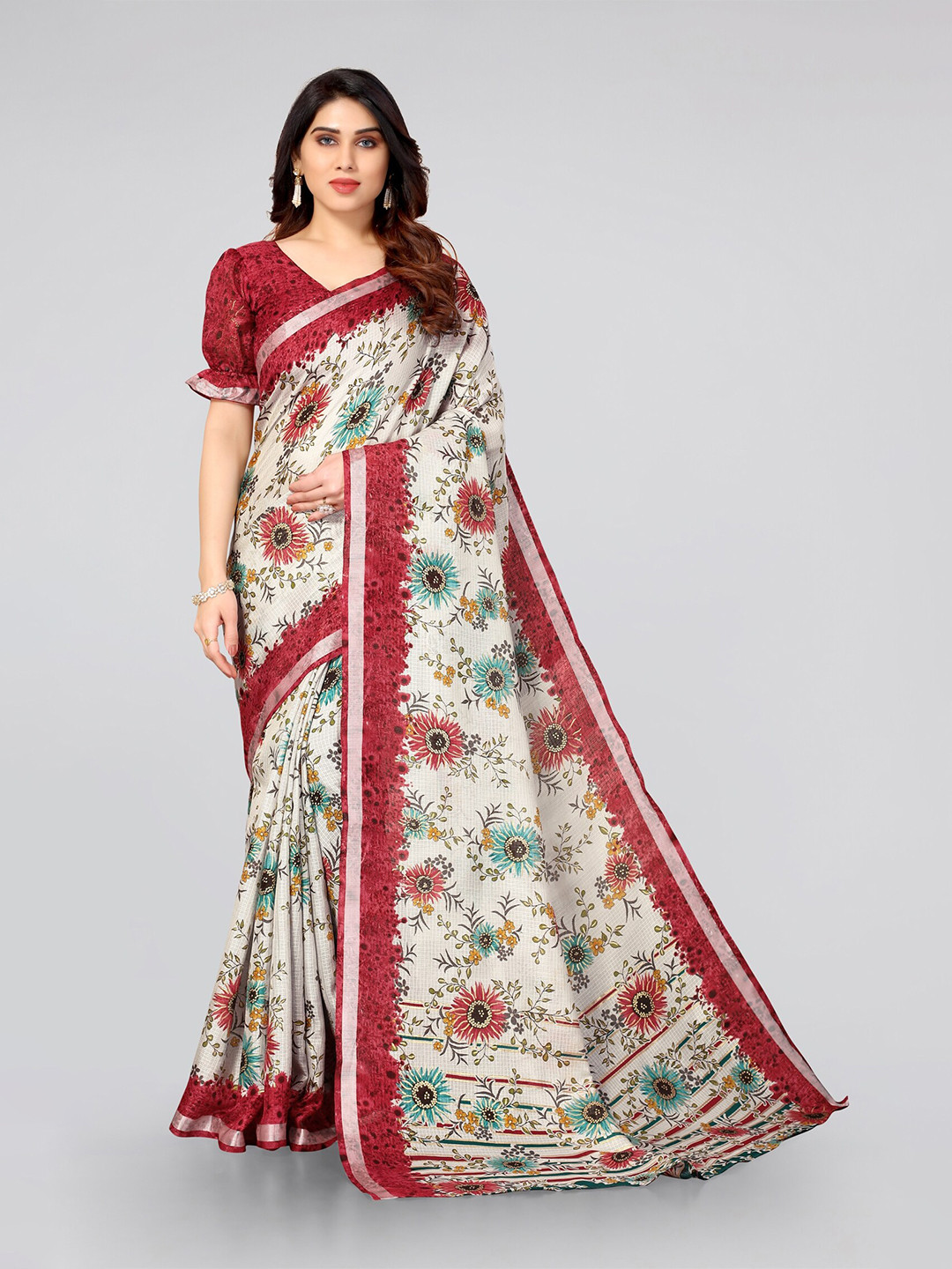 

MIRCHI FASHION Off White & Red Floral Zari Tapadiya Check Bagh Saree