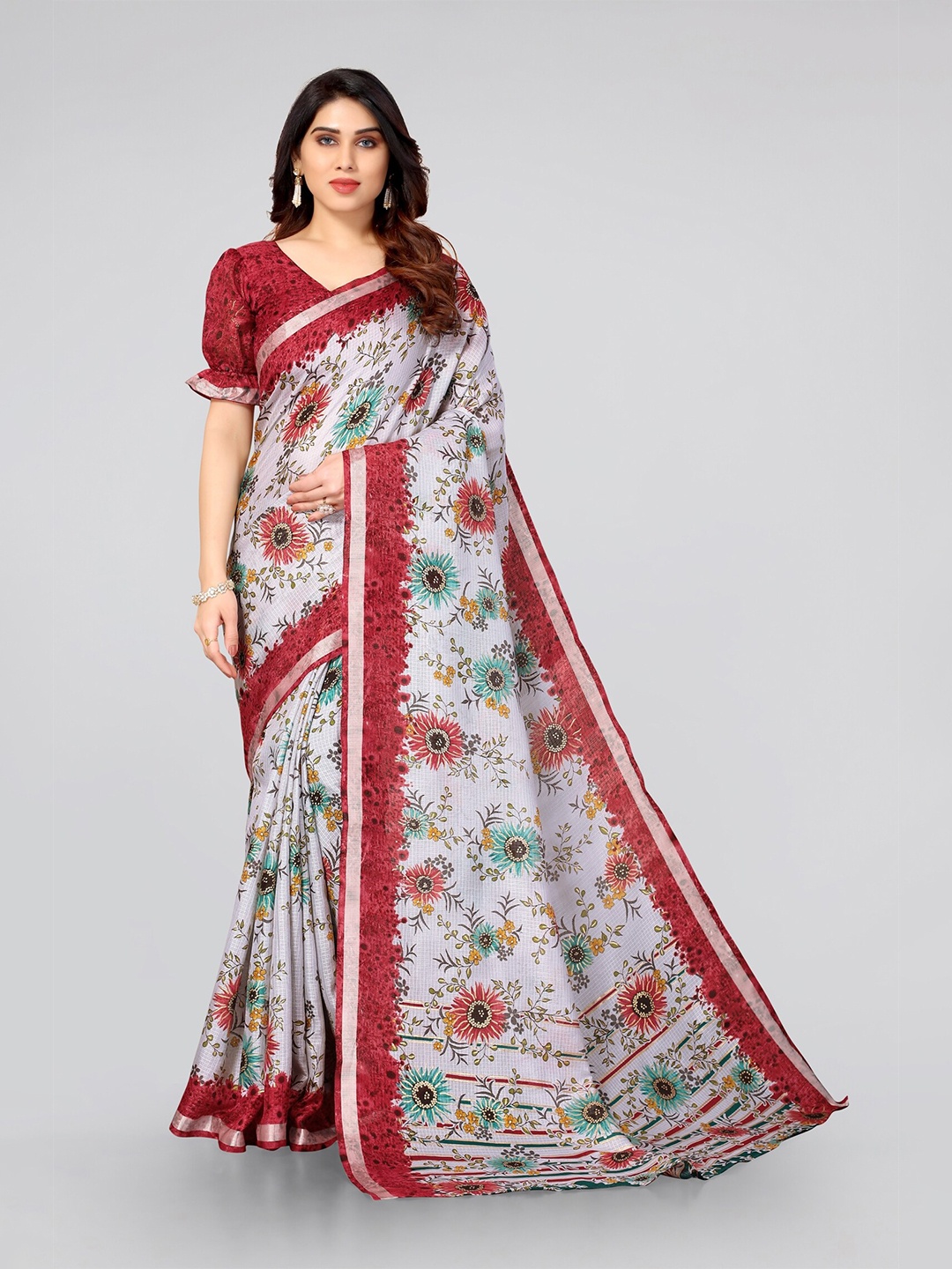 

KALINI Grey & Red Floral Printed Zari Bagh Saree