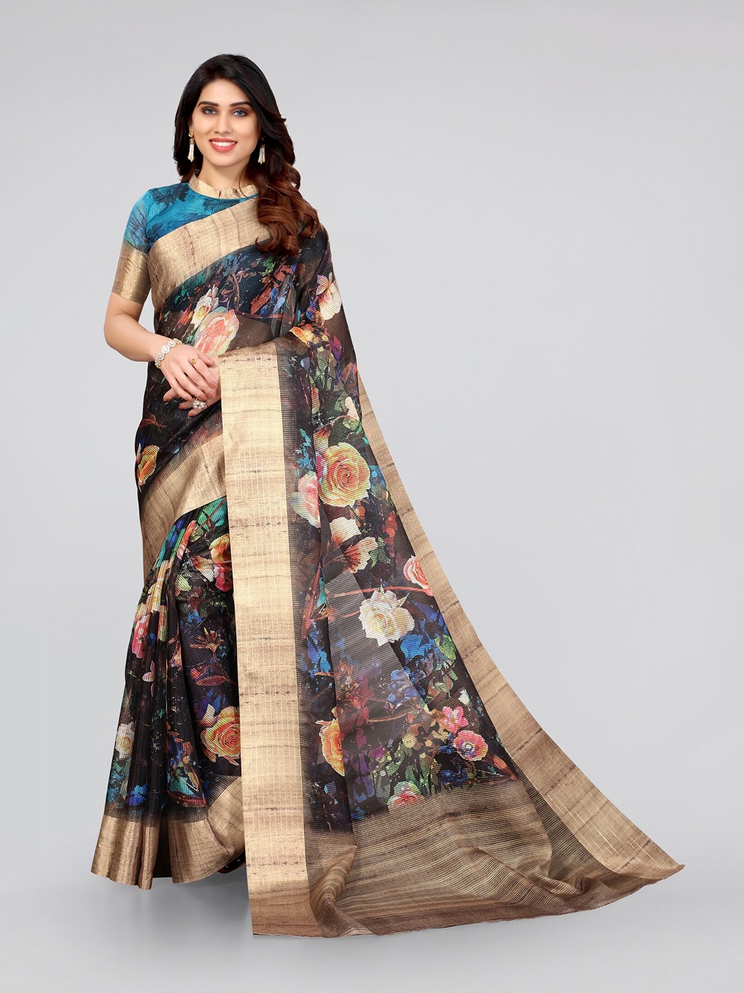 

MIRCHI FASHION Black & Beige Floral Printed Zari Saree