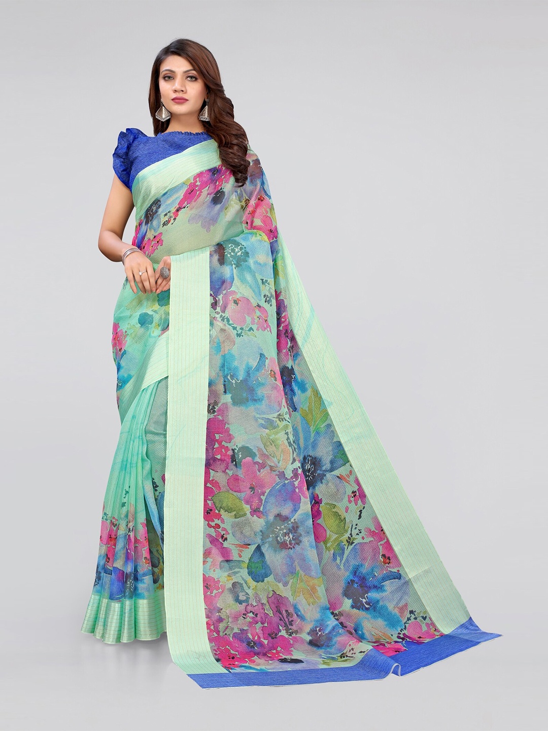 

MIRCHI FASHION Sage Green & Blue Floral Printed Zari Bagh Saree