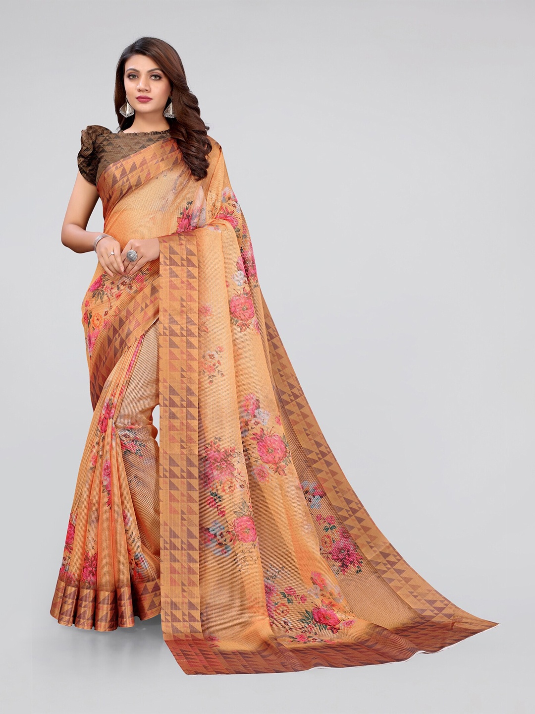 

MIRCHI FASHION Orange & Pink Floral Printed Bagh Saree