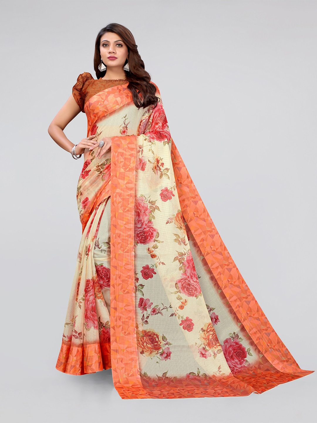 

MIRCHI FASHION Cream-Coloured & Orange Floral Bagh Saree