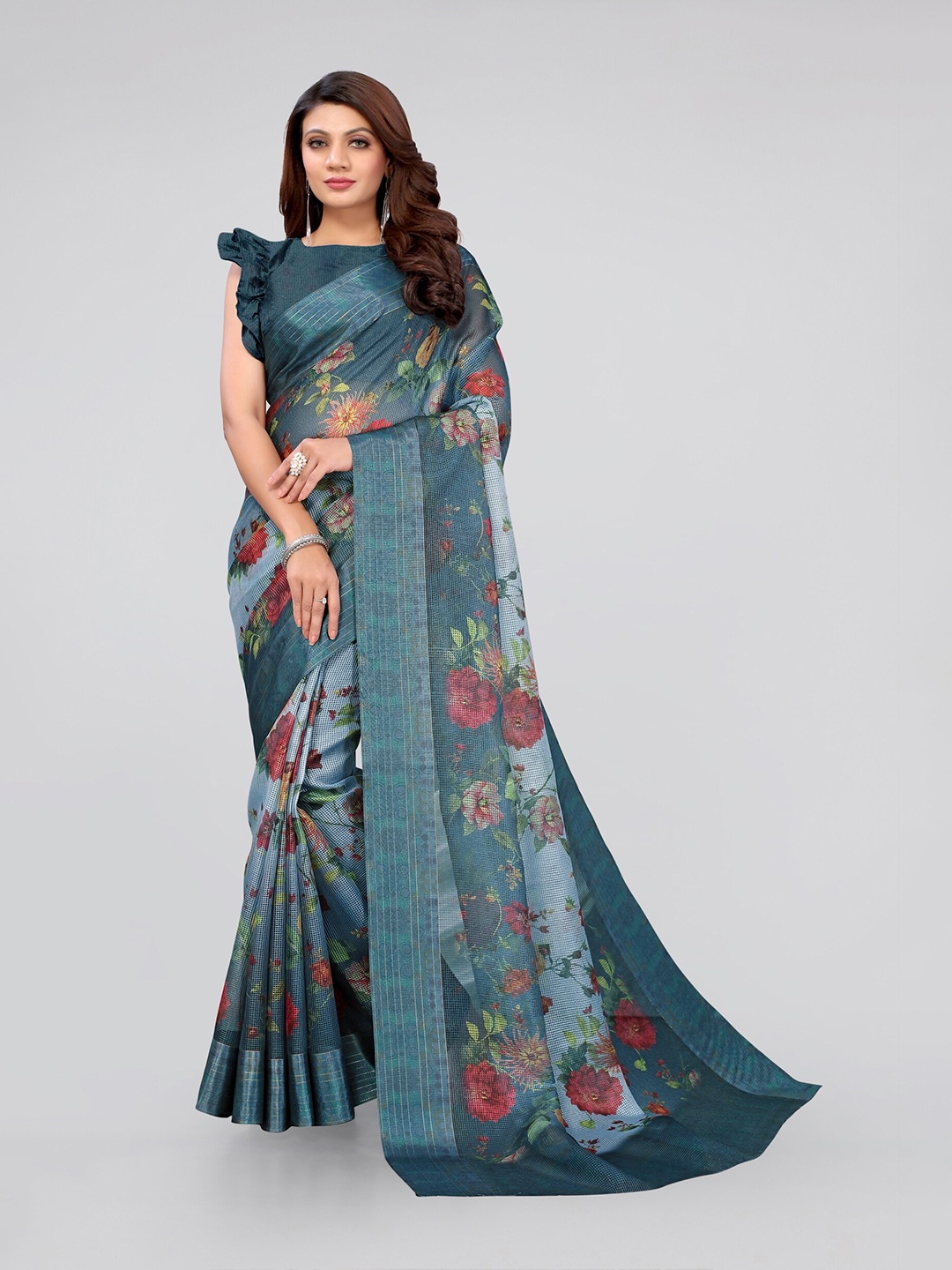 

MIRCHI FASHION Grey & Red Floral Zari Bagh Saree