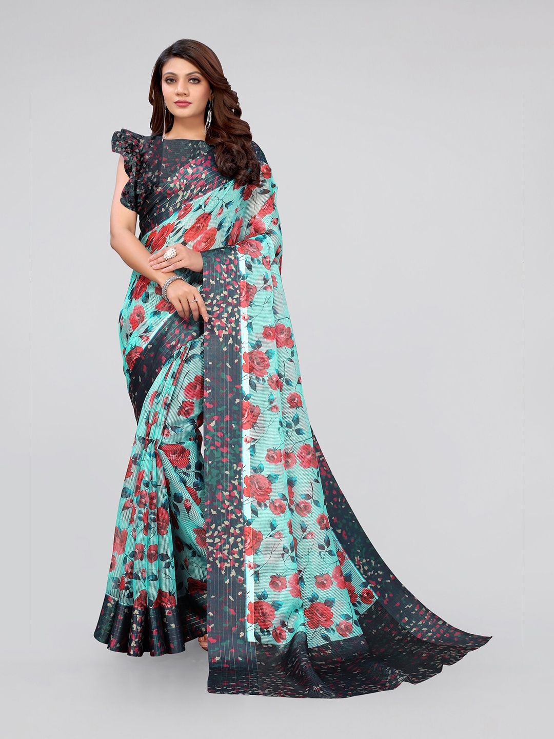 

MIRCHI FASHION Teal & Red Floral Bagh Saree