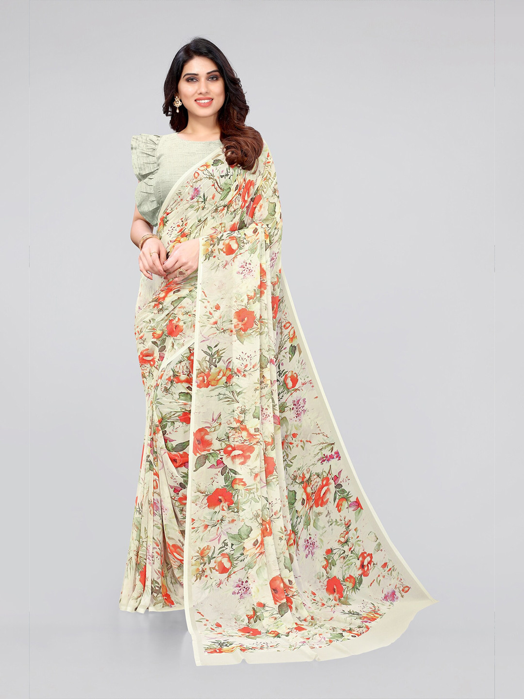 

MIRCHI FASHION Cream-Coloured & Orange Floral Georgette Bagh Saree