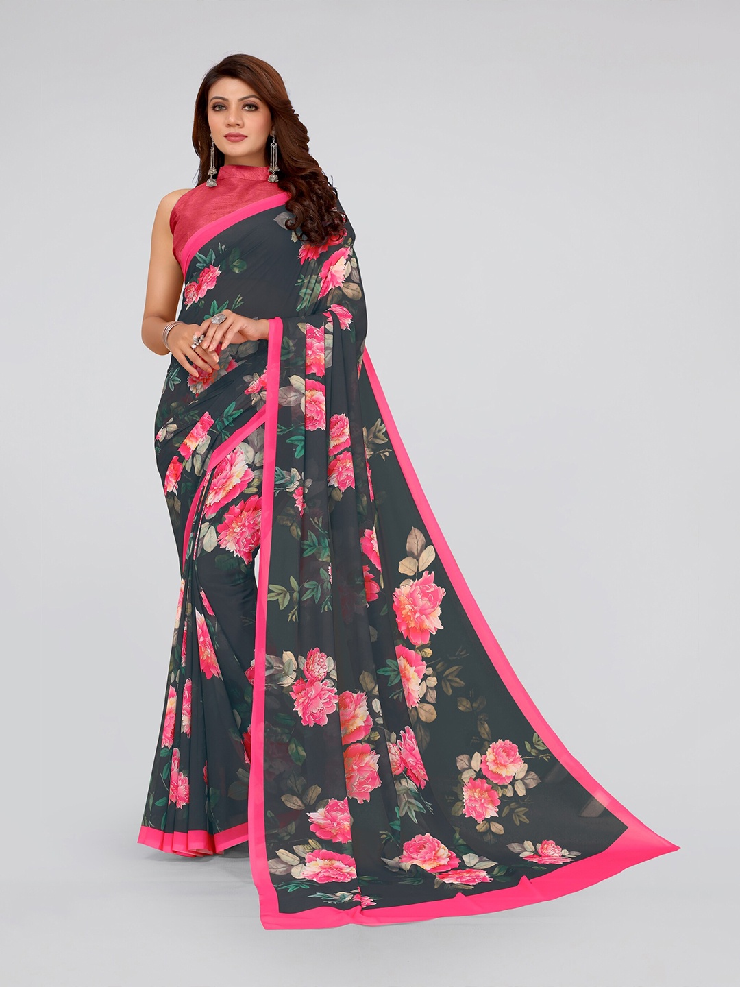 

MIRCHI FASHION Grey & Pink Floral Printed Bagh Saree