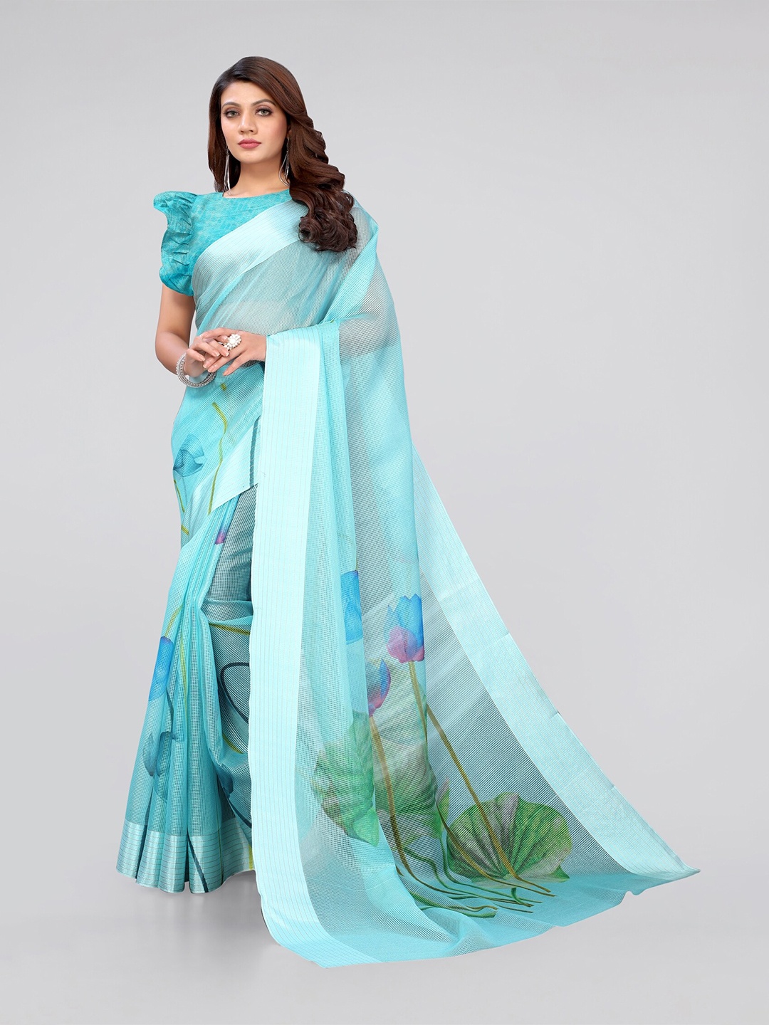 

MIRCHI FASHION Turquoise Blue & Green Floral Zari Bagh Saree