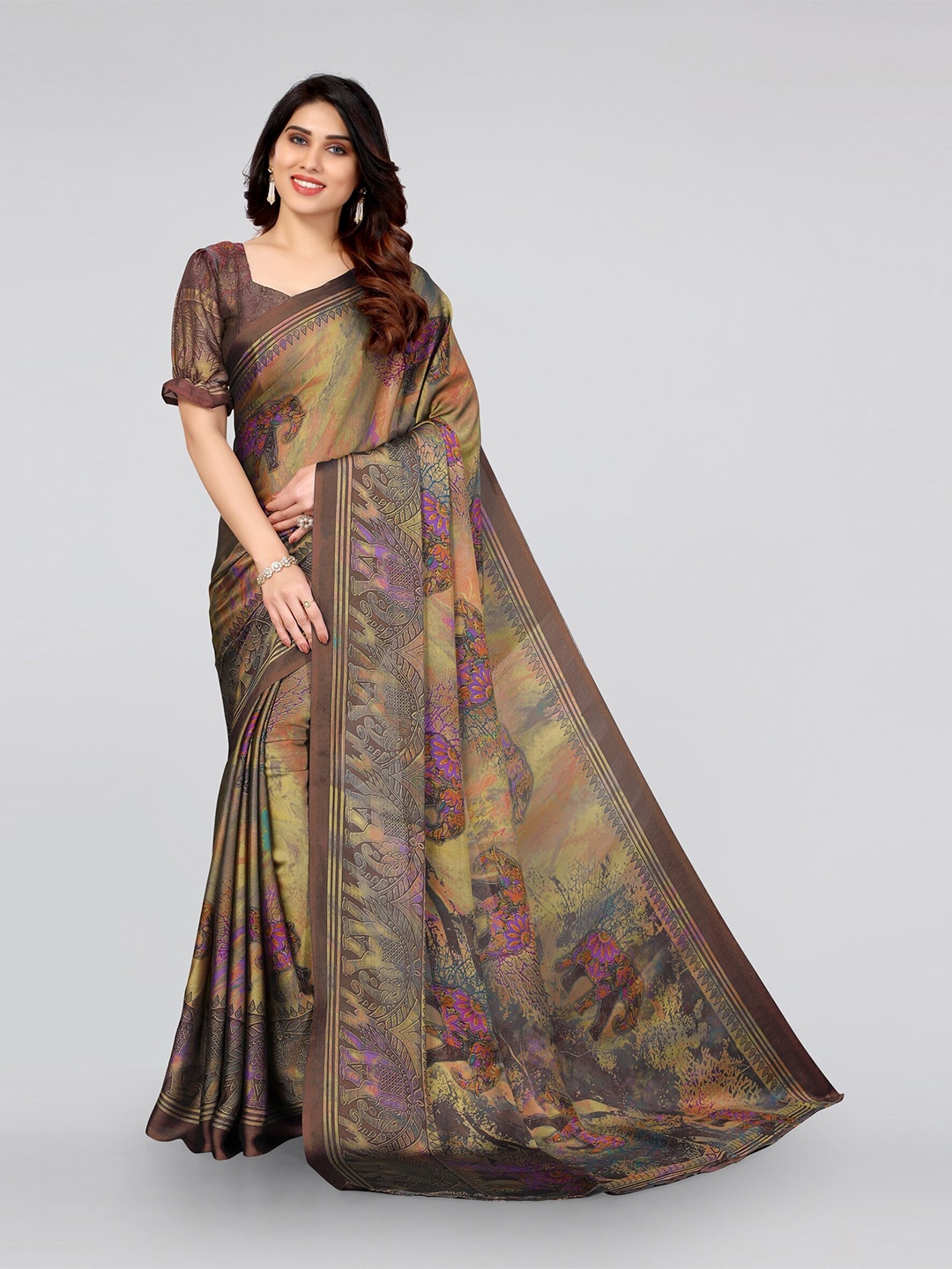 

MIRCHI FASHION Yellow & Brown Ethnic Motifs Baluchari Saree
