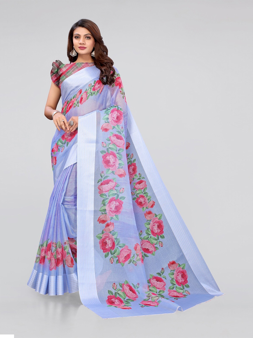 

MIRCHI FASHION Blue & Pink Floral Printed Zari Bagh Saree