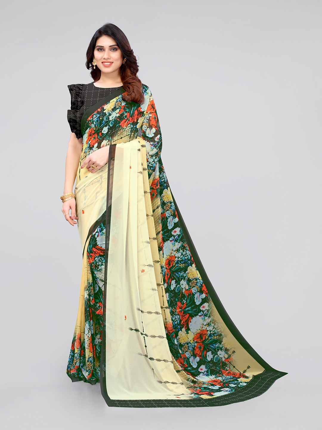

MIRCHI FASHION Yellow & Green Floral Bagh Saree