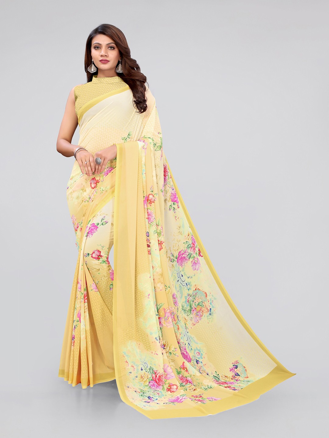 

MIRCHI FASHION Yellow & Pink Floral Bagh Saree