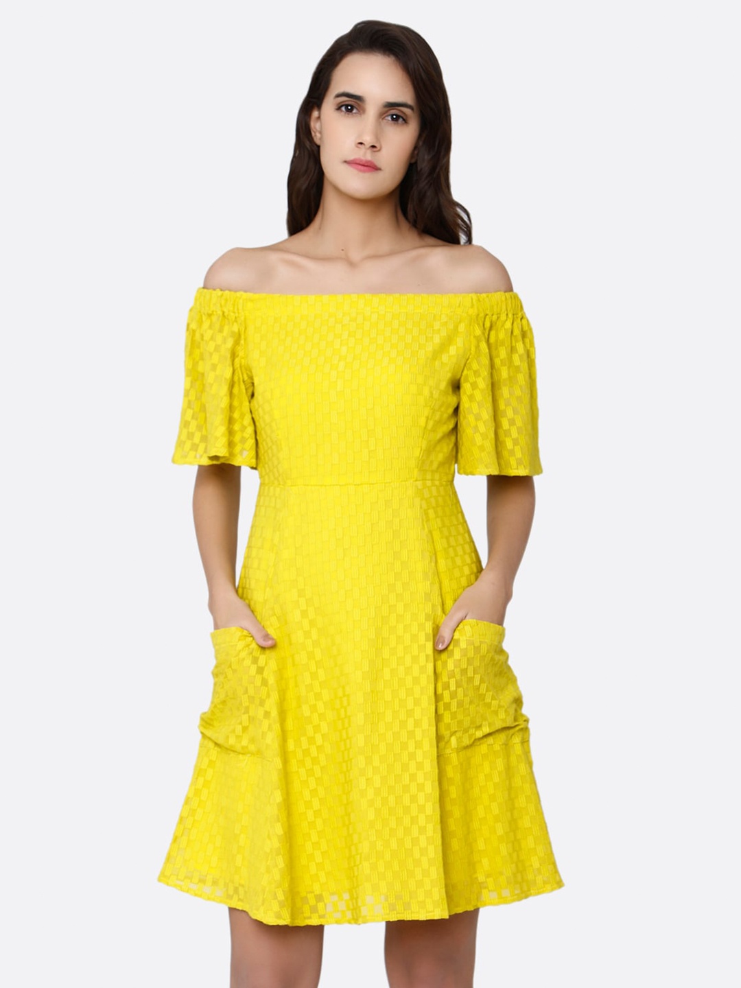 

aaliya Yellow Off-Shoulder Fit and Flare Dress