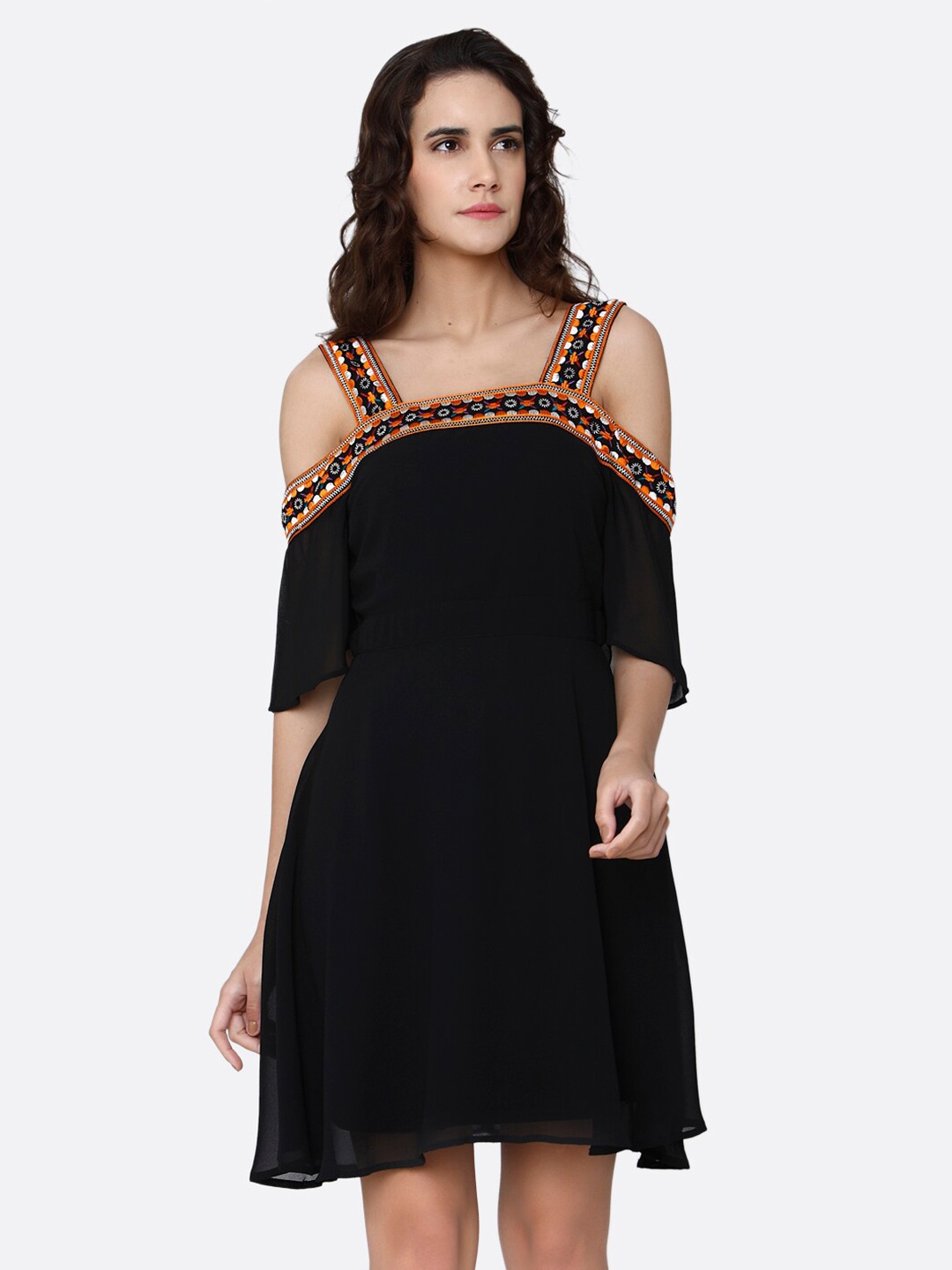 

aaliya Black Cold-Shoulder Georgette Fit & Flare Dress