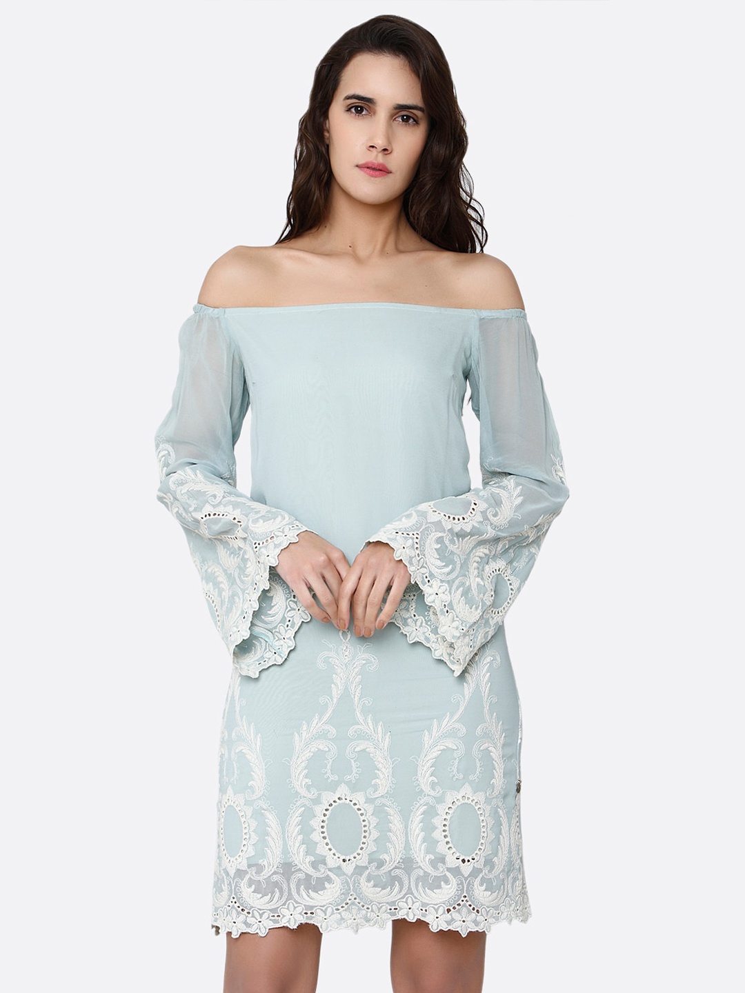 

aaliya Women Teal Off-Shoulder Embroidered A-Line Dress