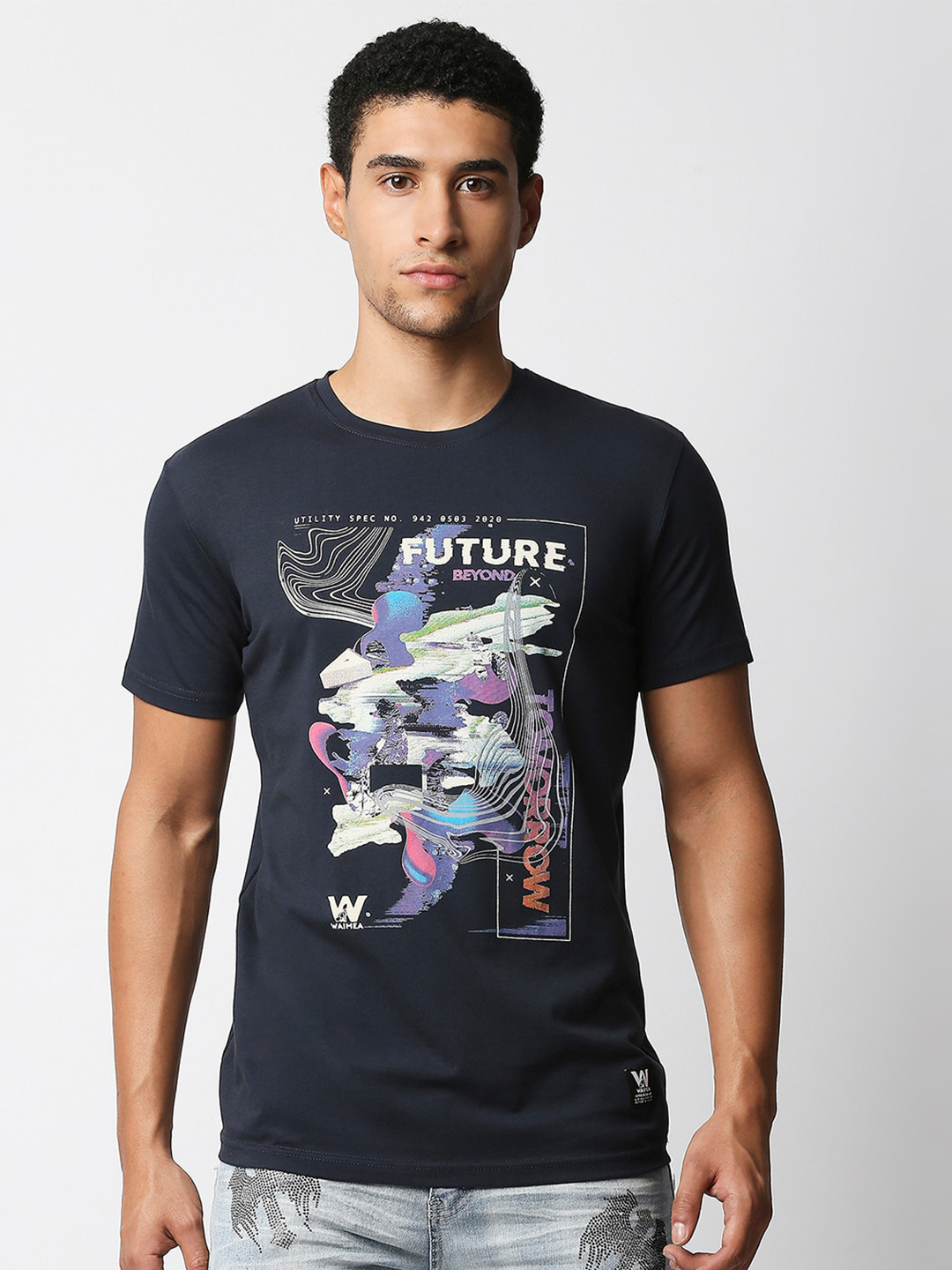 

WAIMEA Men Navy Blue & White Printed Slim Fit T-shirt
