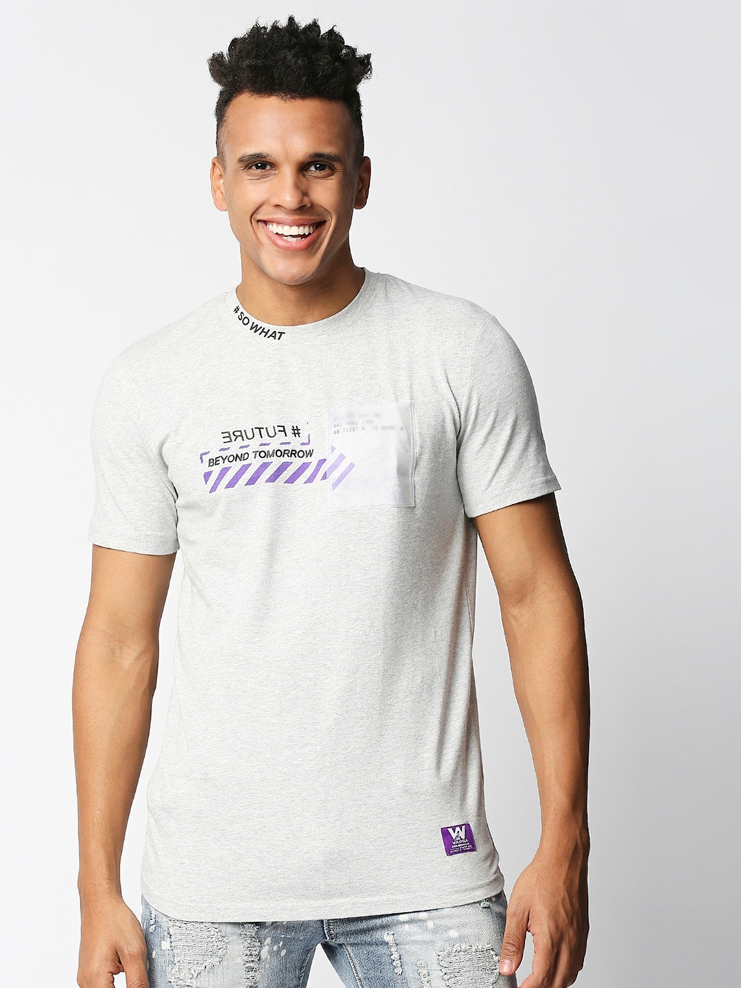 

WAIMEA Men Grey Typography Printed Henley Neck Cotton Applique T-shirt