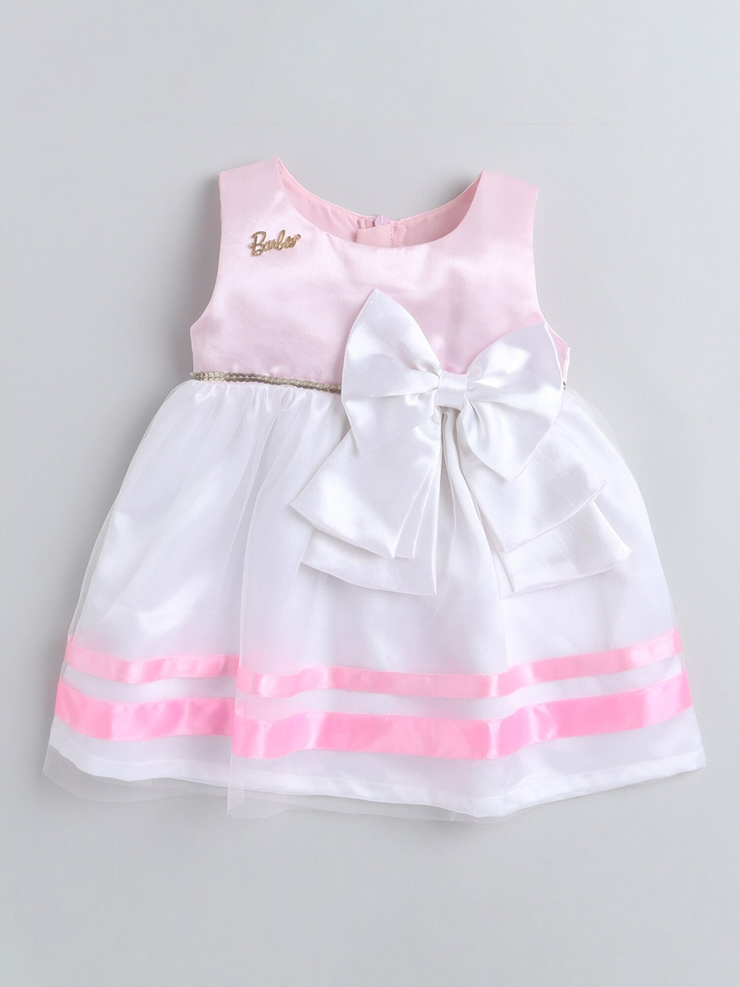 

Barbie by Many Frocks & Girls White & Pink Solid Round Neck Net Fit & Flare Dress