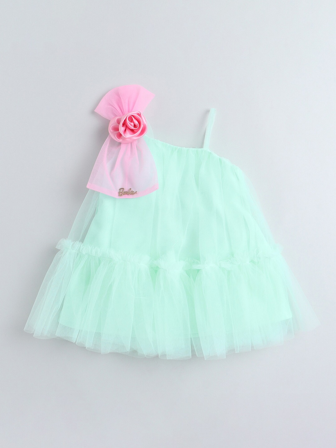 

Barbie by Many Frocks & Sea Green & Pink One Shoulder Net Maxi Dress