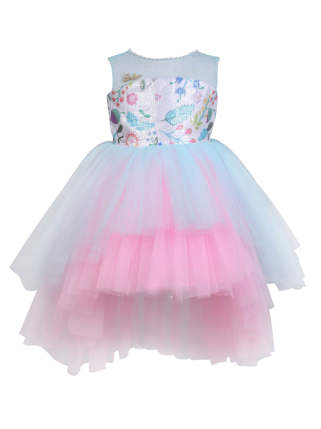 

Barbie by Many Frocks & Blue & Pink Satin Fit and Flare Dress