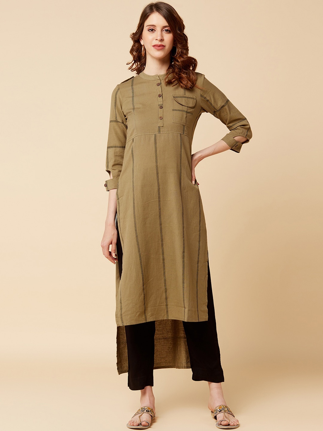 

Varanga Women Olive Green Striped Kurta