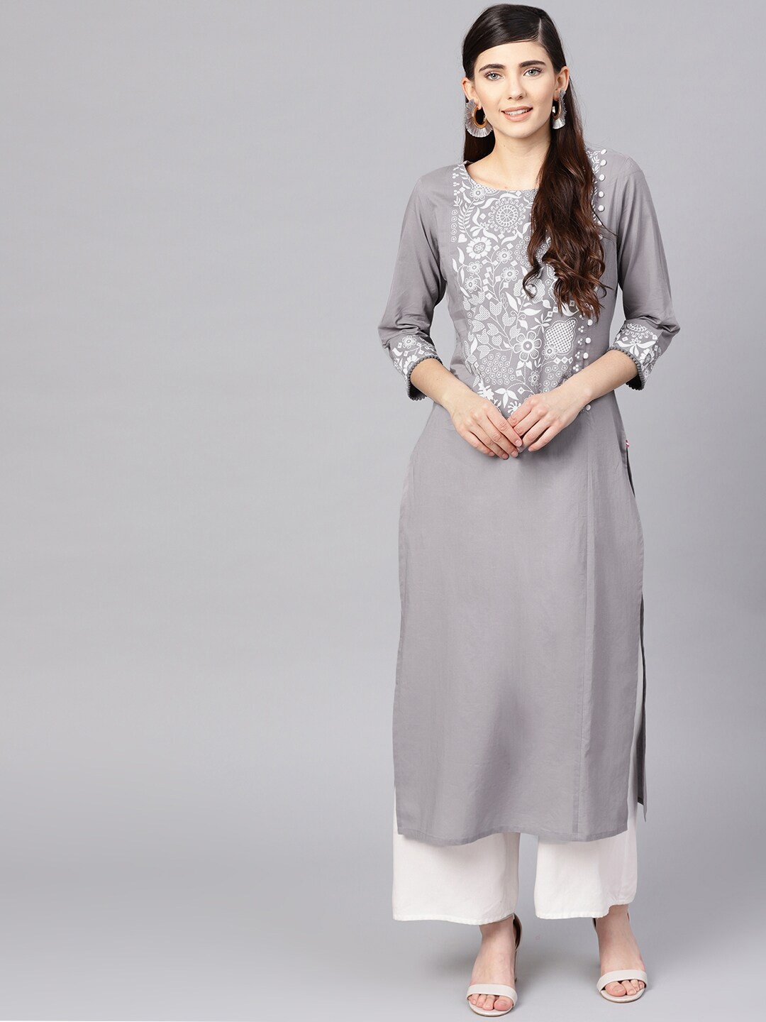 

Varanga Women Grey Ethnic Motifs Yoke Design Cotton Straight Kurta