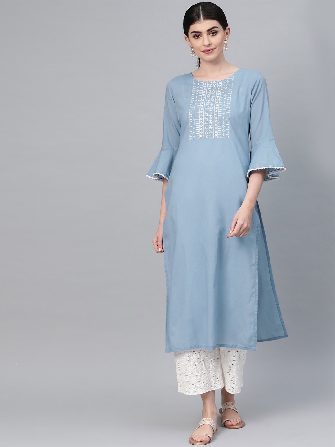 

Varanga Blue Yoke Design Flared Sleeves Thread Work Kurta