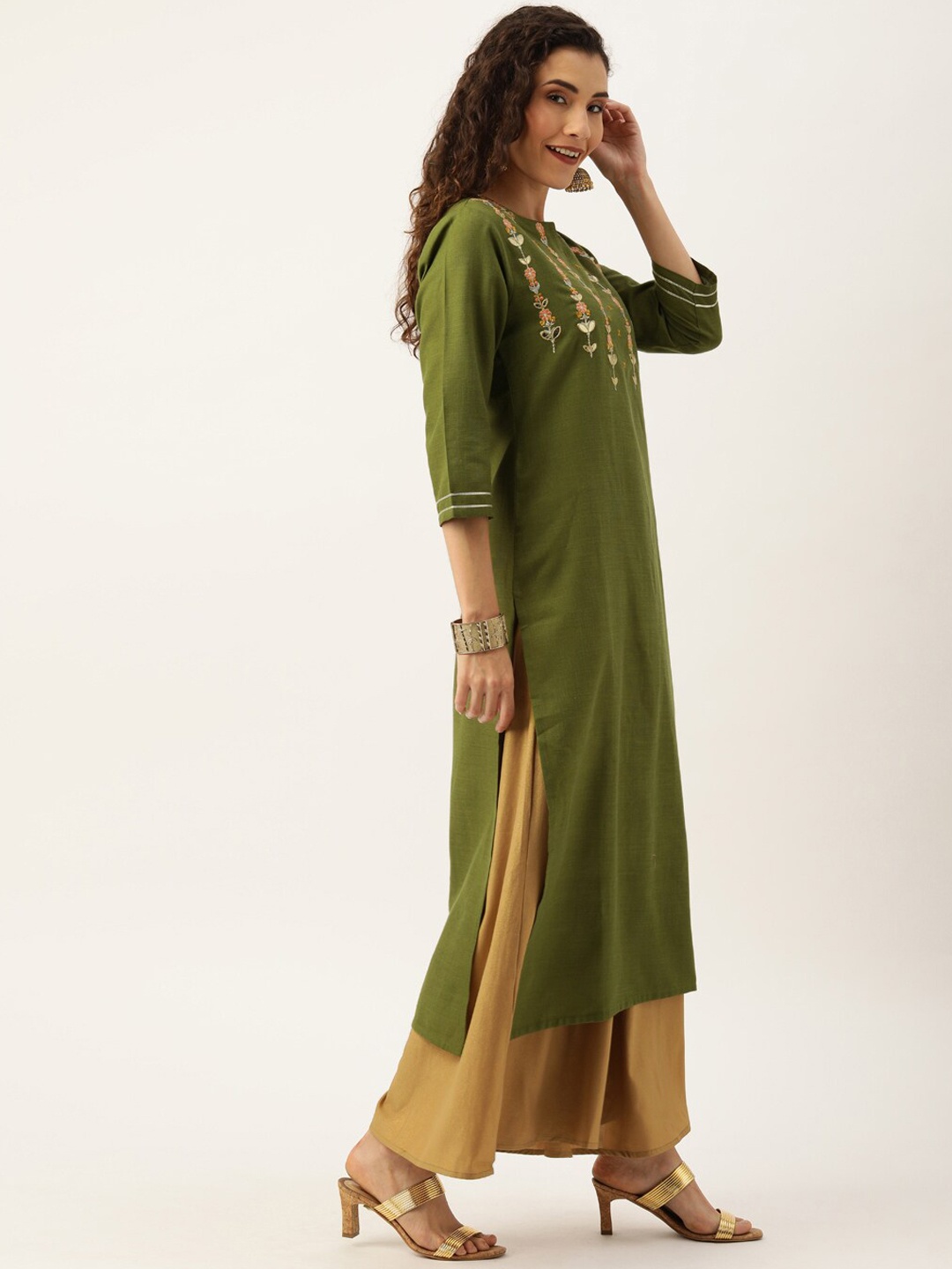 

Varanga Women Olive Green Embroidered Cotton Kurta