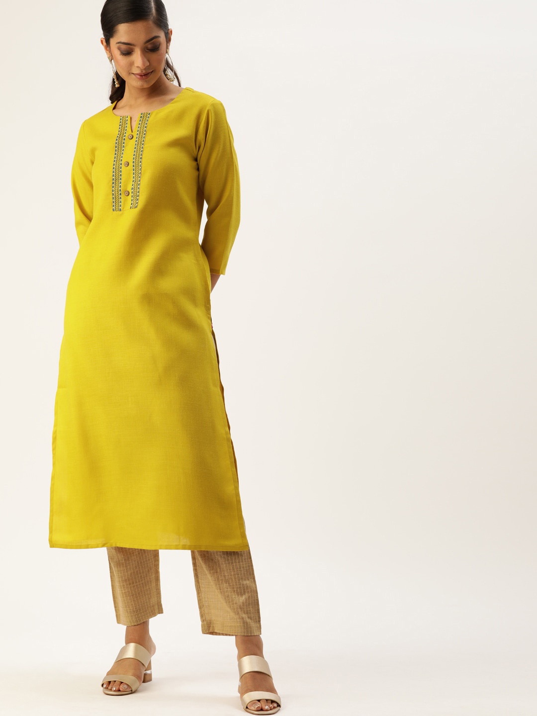 

Varanga Women Mustard Yellow Cotton Embroidered Keyhole Neck Pathani Kurta