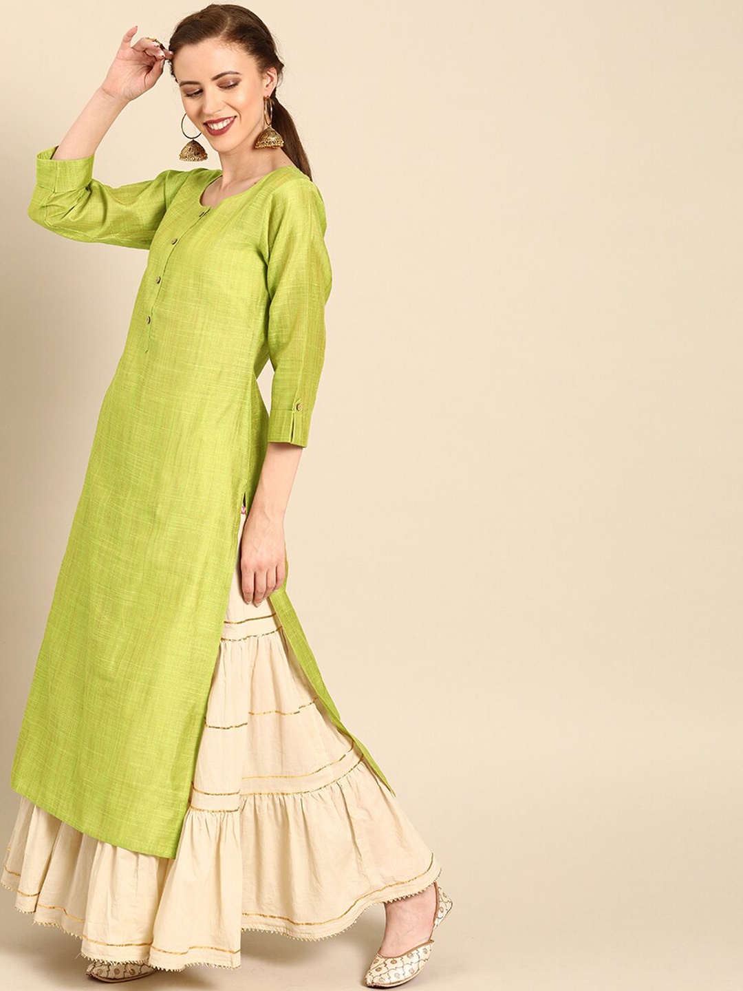 

Varanga Women Olive Green Pure Cotton Kurta