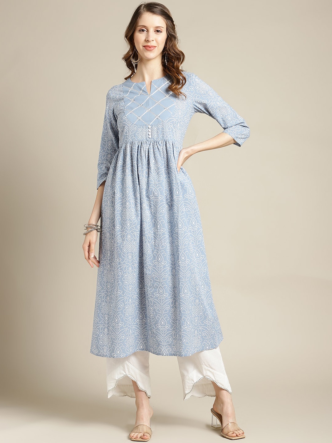 

Varanga Women Blue Bandhani Printed Gotta Patti Anarkali Kurta