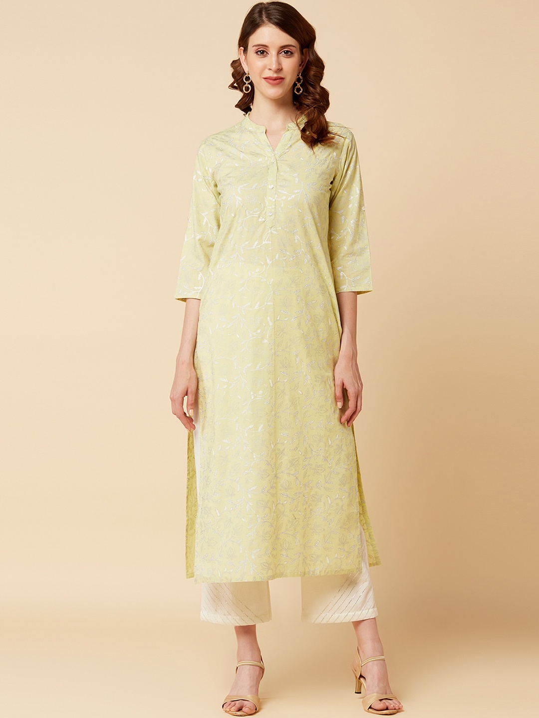 

Varanga Women Lime Green Floral Cotton Kurta