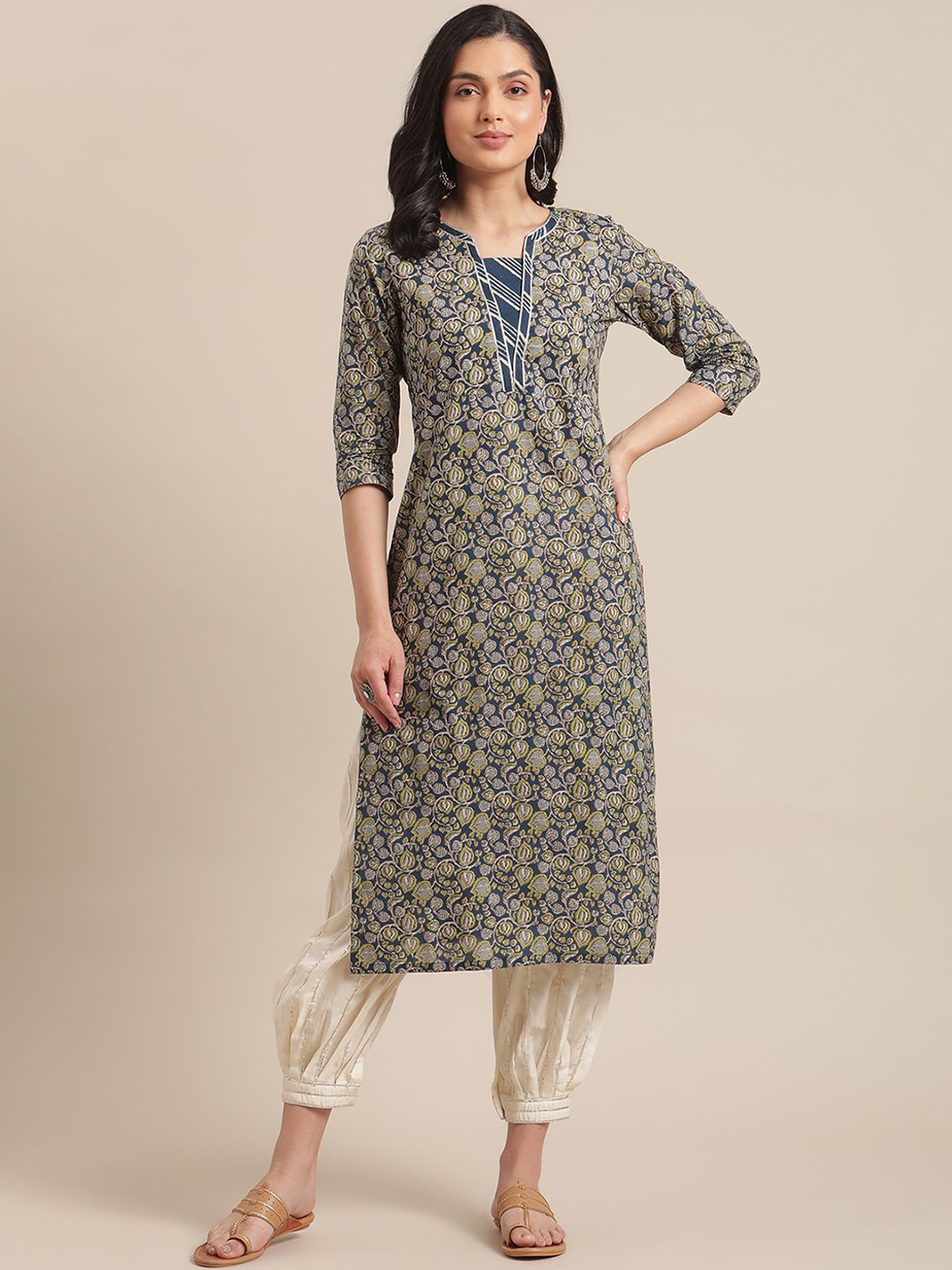 

Varanga Women Navy Blue Ethnic Motifs Printed Pure Cotton Kurta