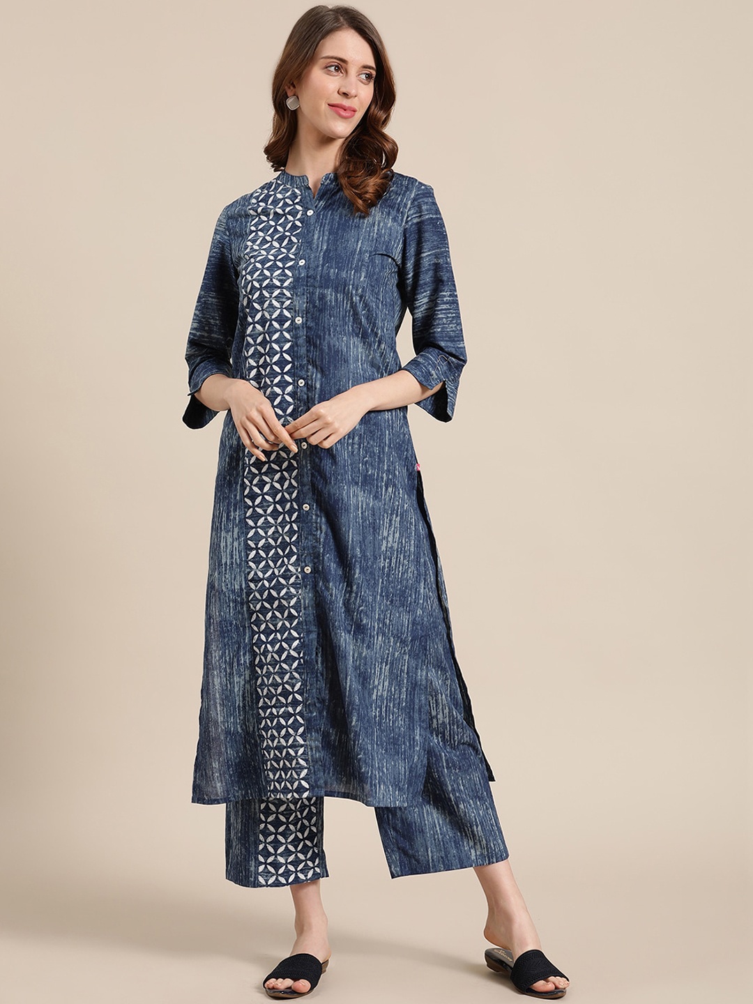 

Varanga Women Blue Printed Panelled Pure Cotton Kurti with Trousers