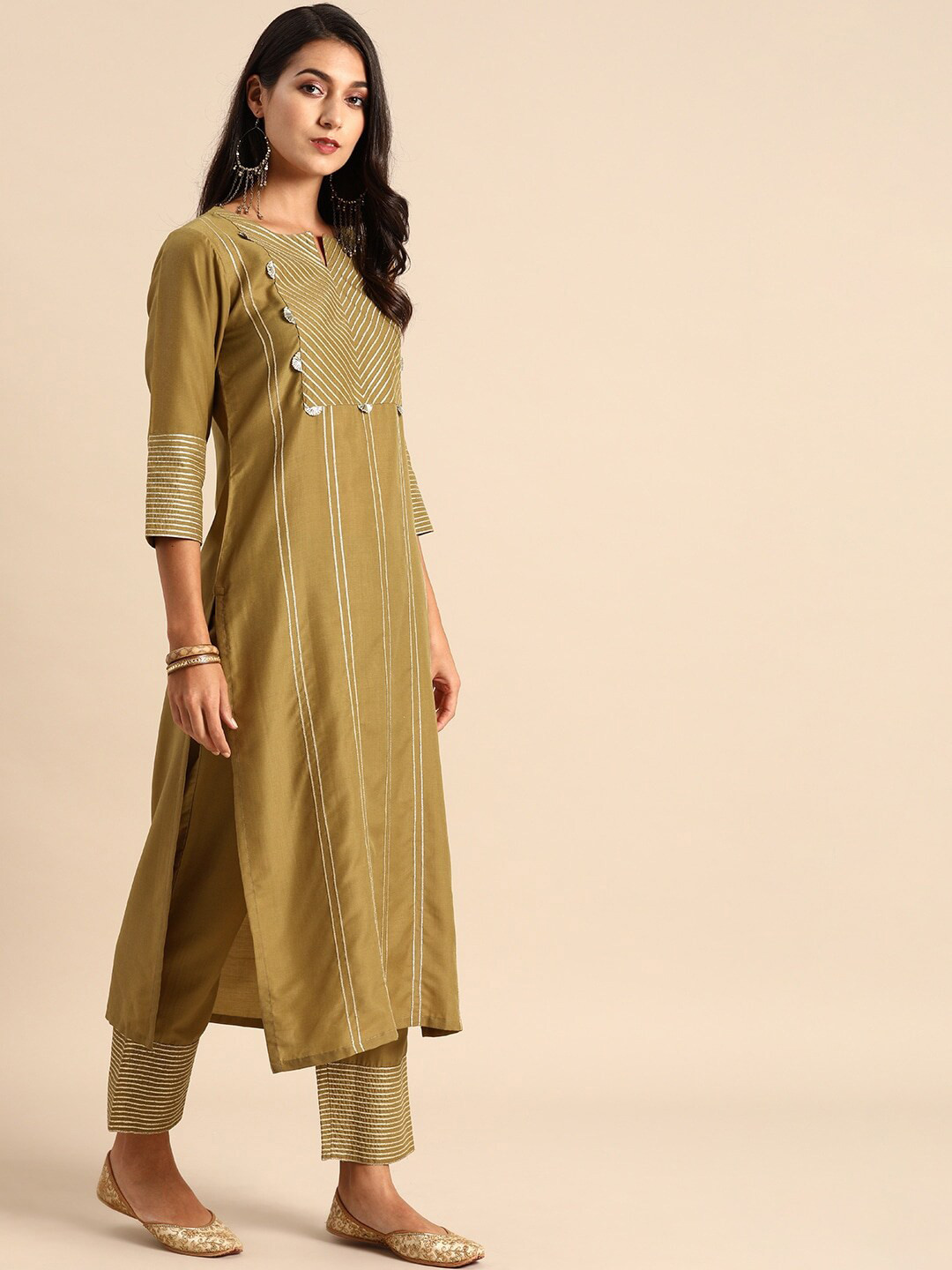 

Varanga Women Olive Green Gotta Patti Kurta with Trousers