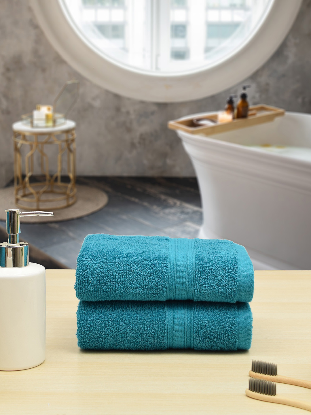 

RANGOLI Set of 2 Turquoise Blue Solid Pure Cotton 500 GSM Towel Set