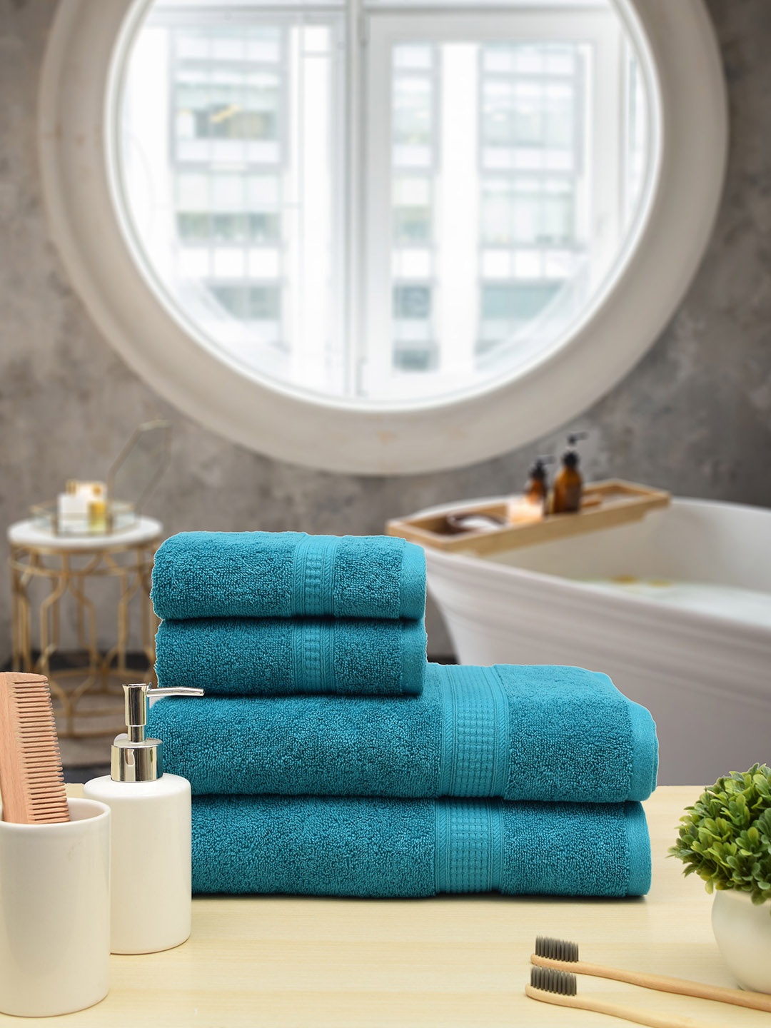 

RANGOLI Set of 4 Turquoise Blue Pure Cotton 500 GSM Towel Set