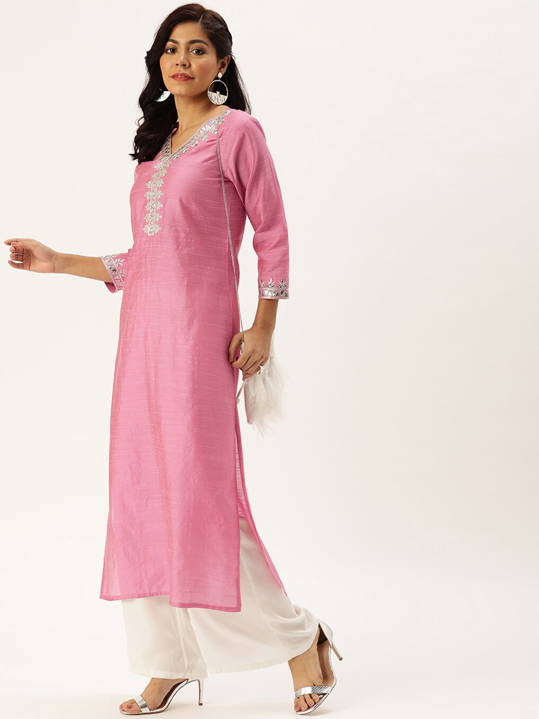 

Varanga Women Pink & Silver-Toned Ethnic Motifs Embroidered Kurta