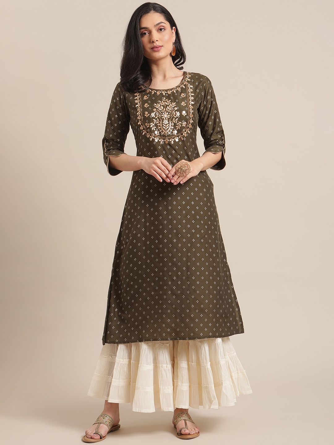 Varanga Women Olive Green Ethnic Motifs Sequinned Embroidered Work Silk Kurta