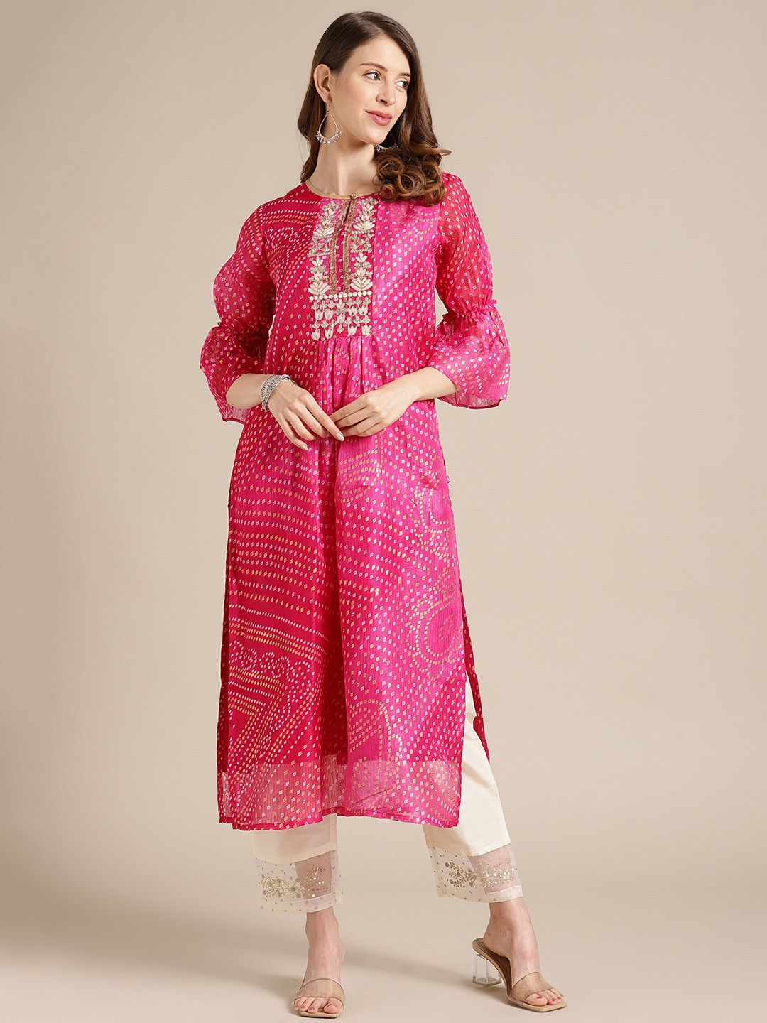 

Varanga Women Pink Printed Flared Sleeves Cotton Thread Work Kurta