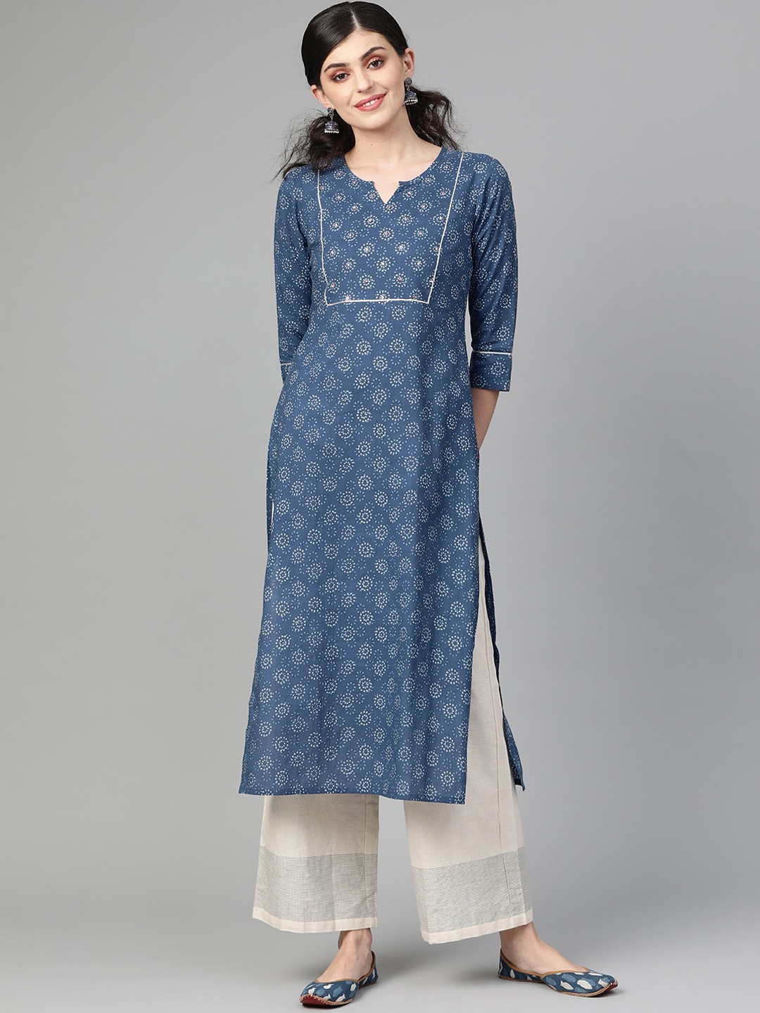 

Varanga Women Navy Blue Ethnic Motifs Printed Beads Embellished Kurta