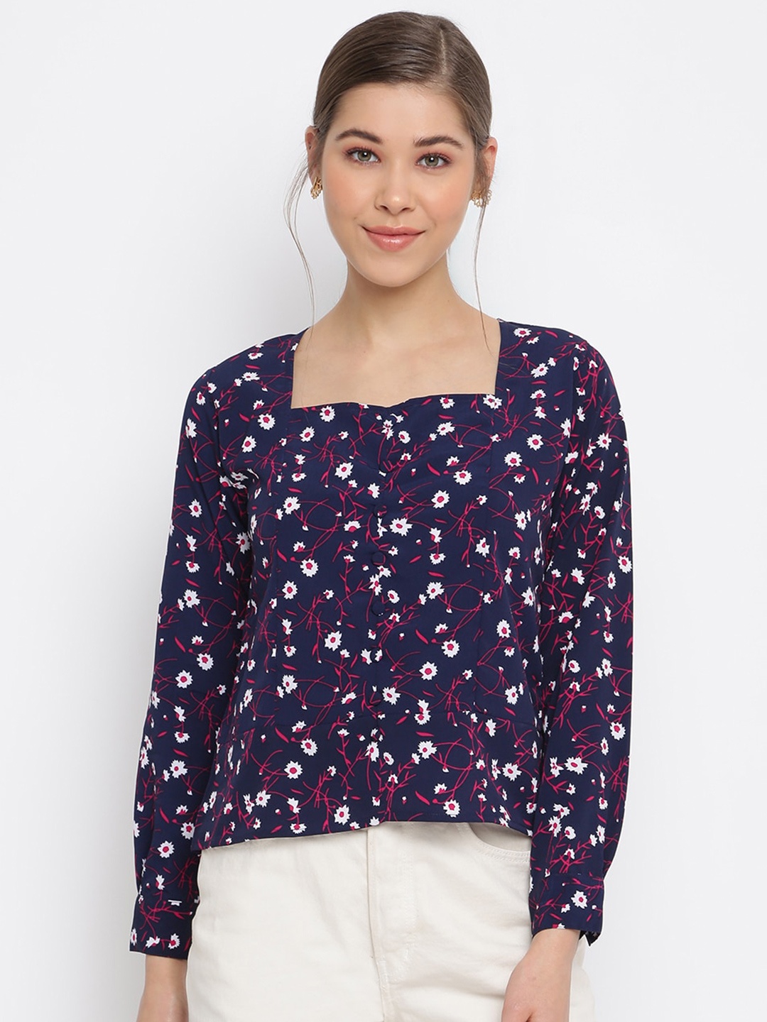 

Mayra Blue Floral Print Crepe Top