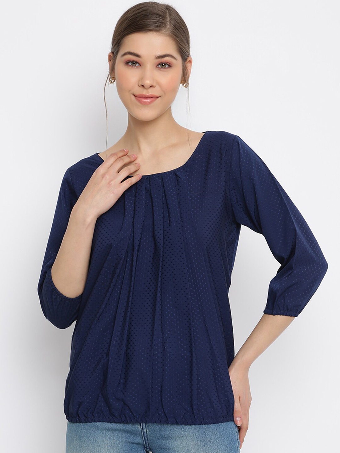 

Mayra Women Navy Blue Self Design Crepe Boxy Top
