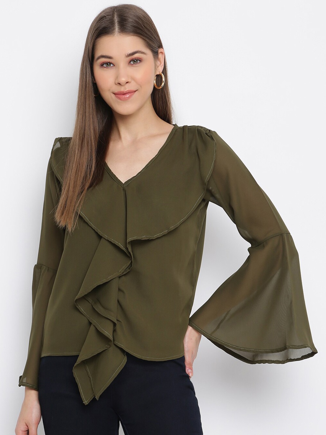 

Mayra Olive Green Ruffles Georgette Top