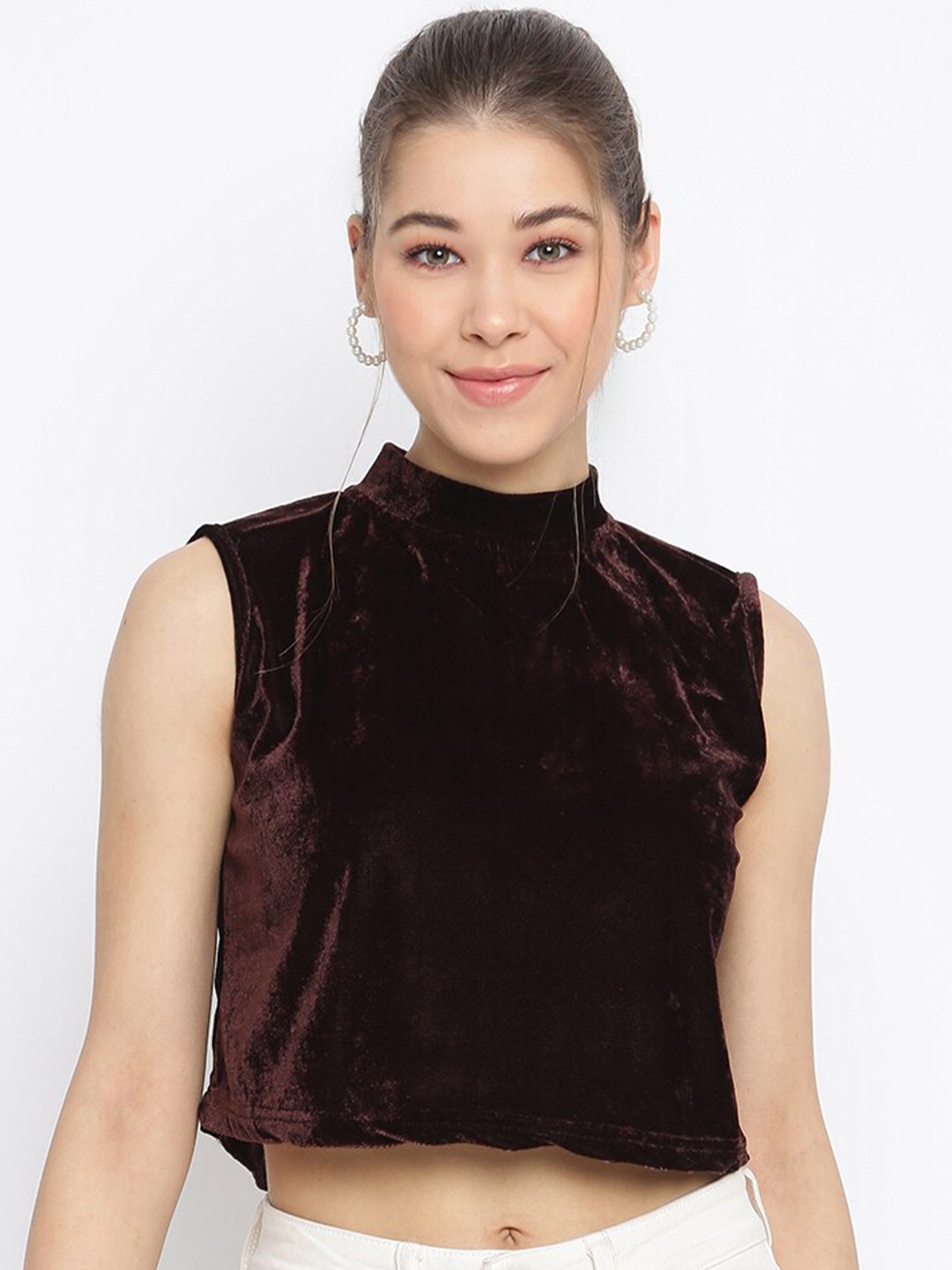 

Mayra Women Brown Velvet Crop Top