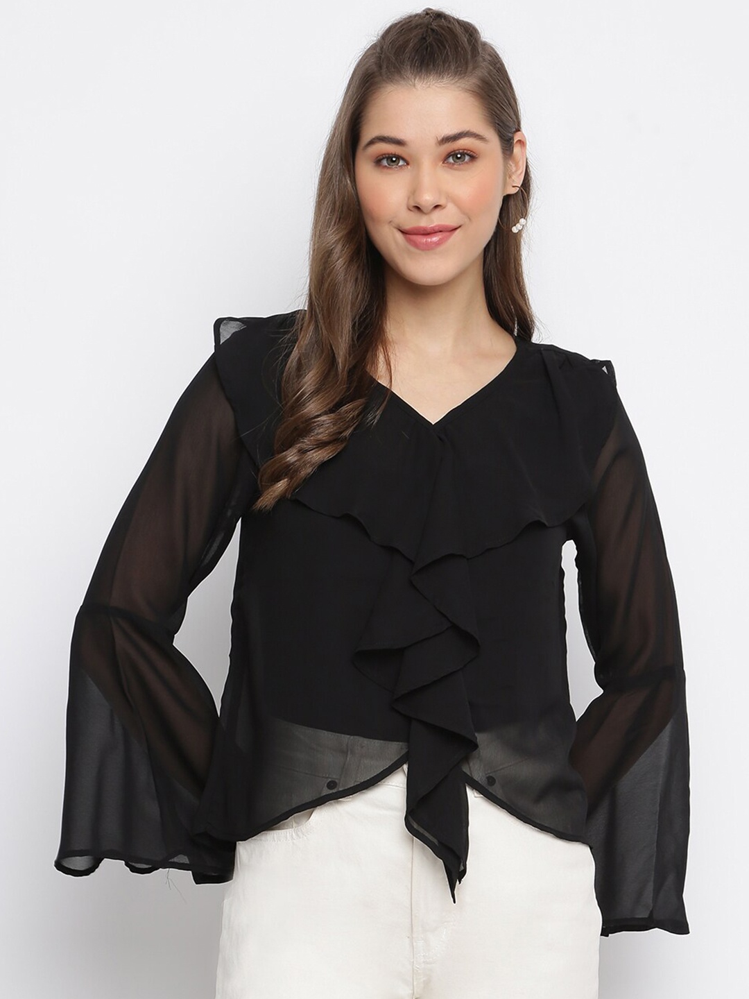 

Mayra Black Ruflled Bell Sleeves Georgette Top